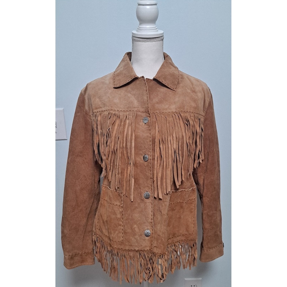 Vtg 90s Chicos Womens 1 Small Distressed Western Suede Leather Fringed Jacket